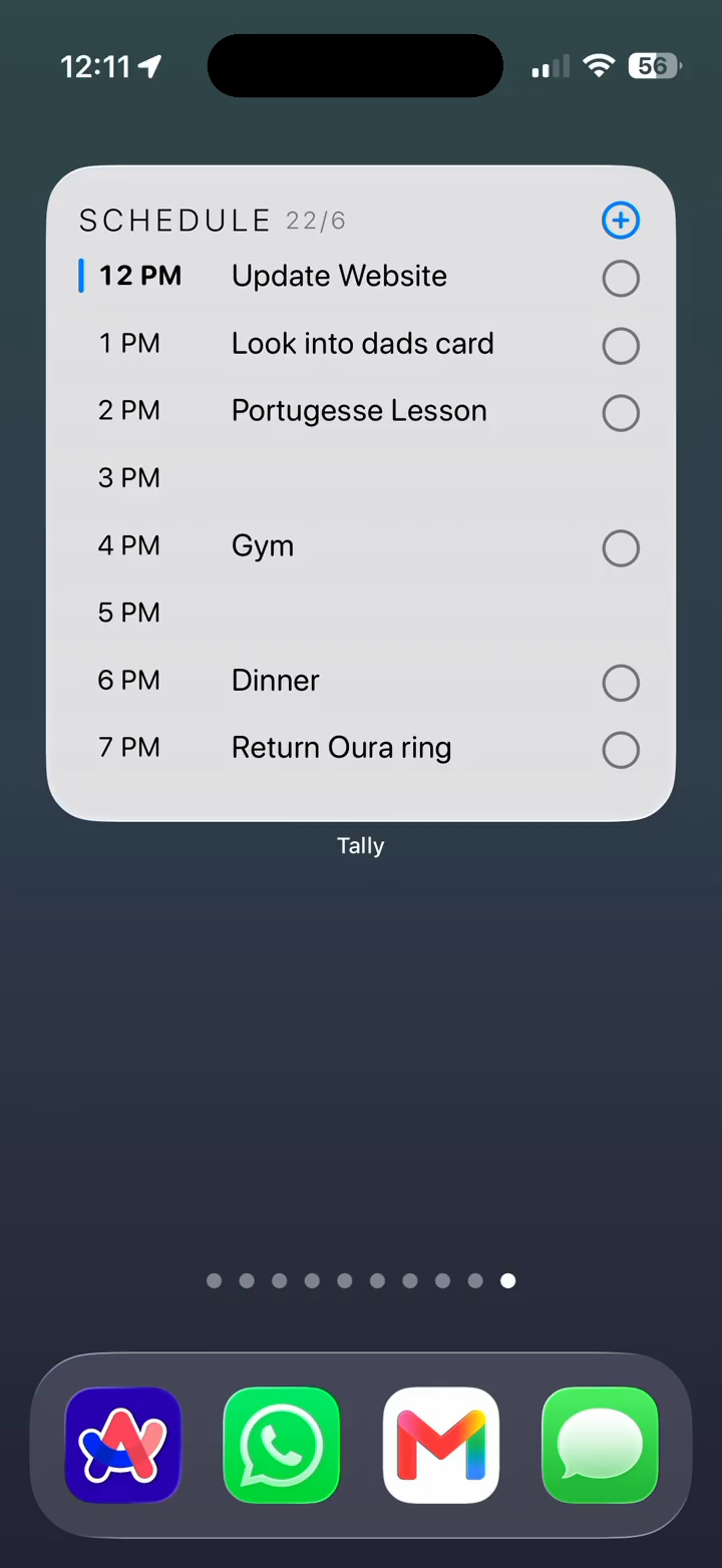 Hyper Schedule widget on the Home Screen showing the day's timed tasks